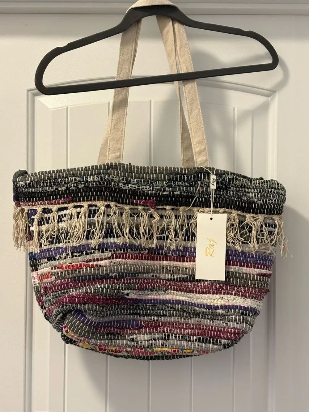 Raj Anthropologie Handwoven Multicolor Fringe Tote Bag - Cream Handles NWT